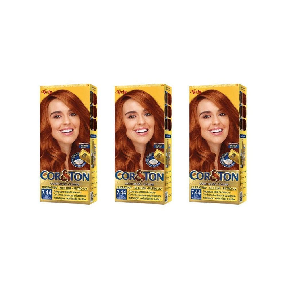 Coloraçao Cor&Ton 7.44 Ruivo Acobreado 50G-Kit C/3