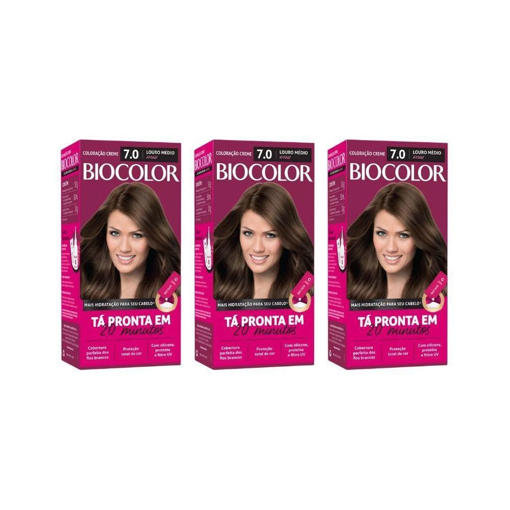 Coloraçao Biocolor Creme 7.0 Louro Medio Arraso - Kit 3Un