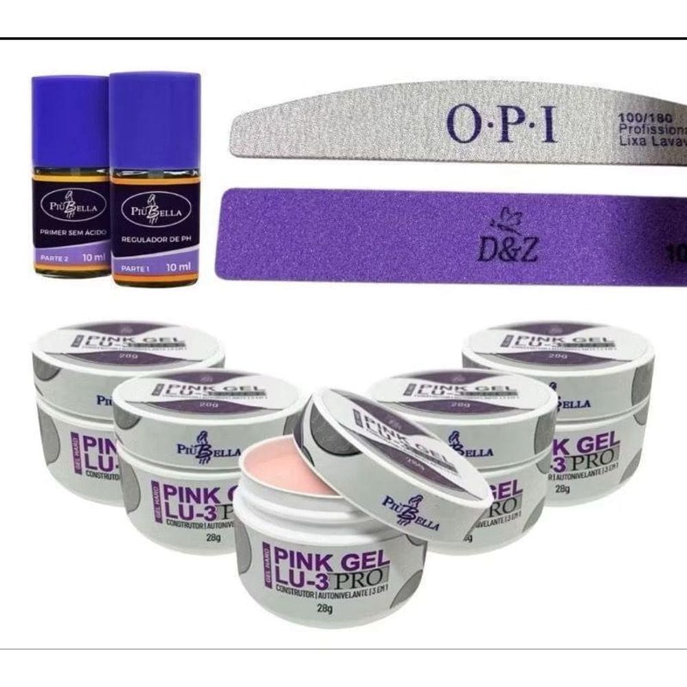 Kit 6 Gel Piubella Pink Lu 3 28G + Primer E Regulador