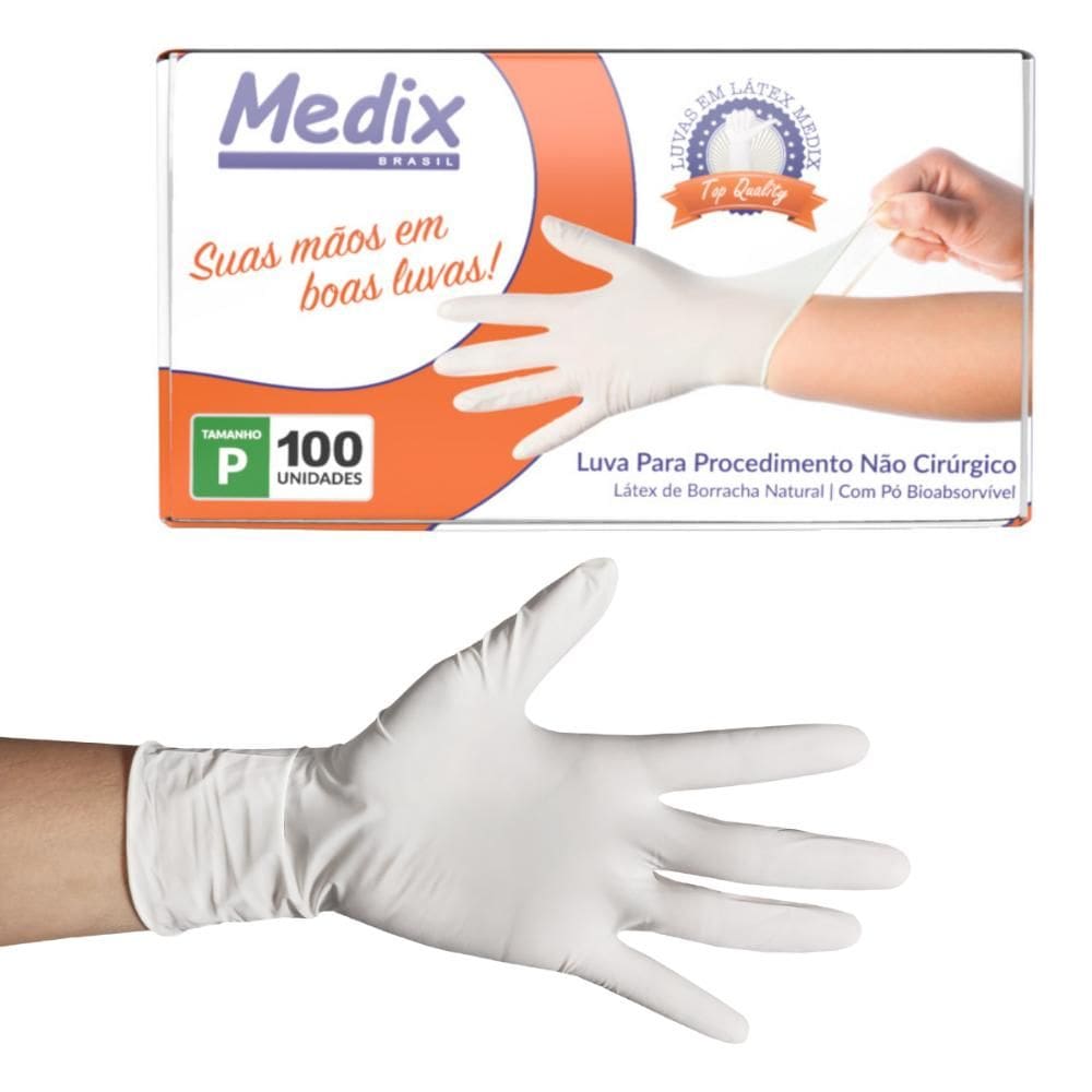 Kit 2 Luva Descartável Antiderrapante 100un Látex Natural Com Pó Para Procedimento Não Cirúrgico Medix