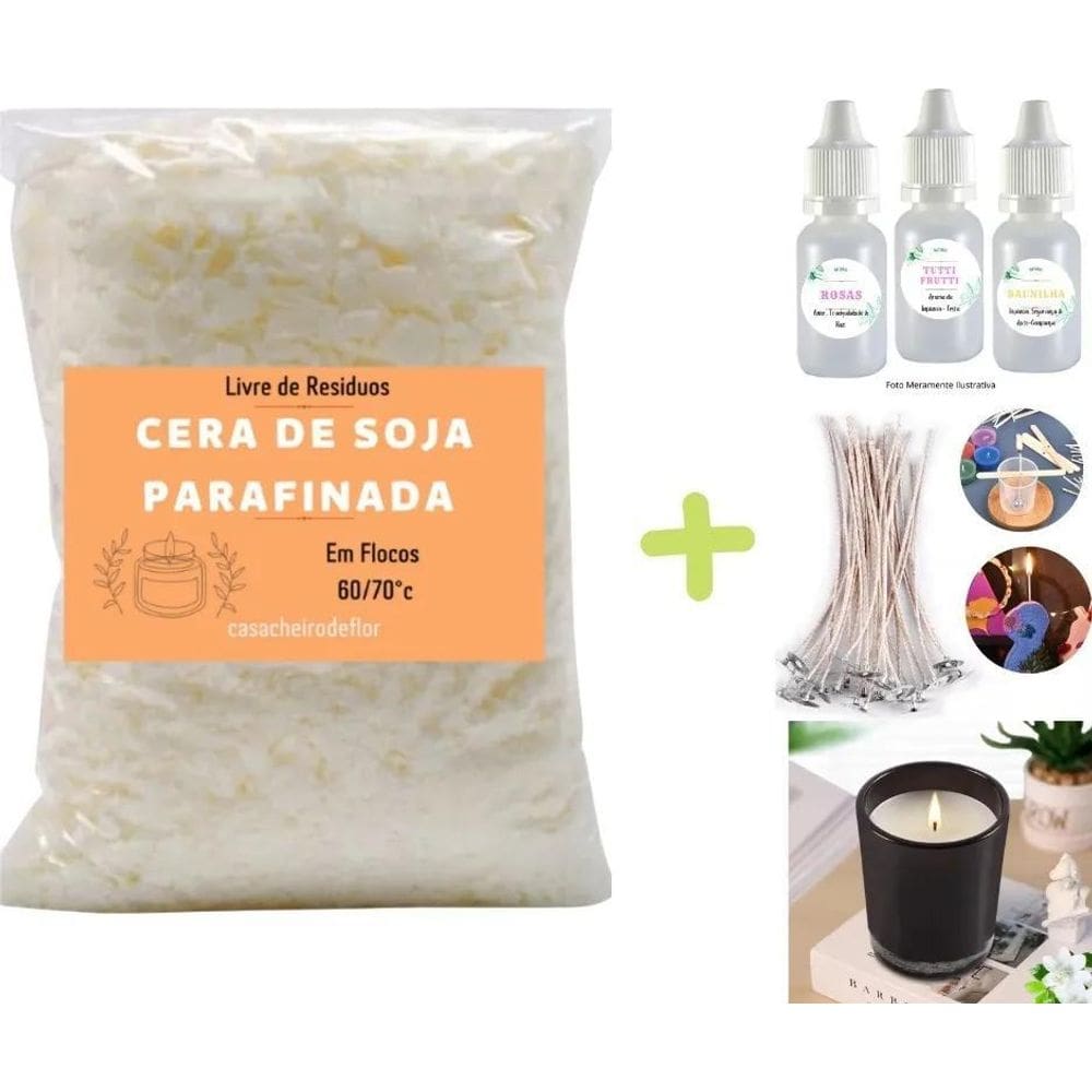 3X Kit 1Kg Cera Parafinada Soja Ecomix + 3 Essências + 10 Pa