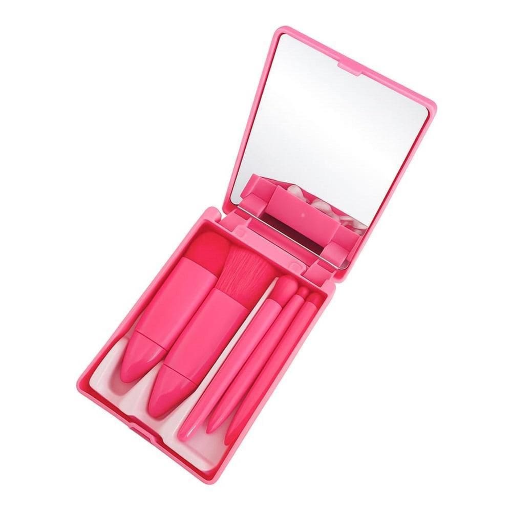 Conjunto Estojo Kit Pincel De Maquiagem Com Espelho 5 Peças
