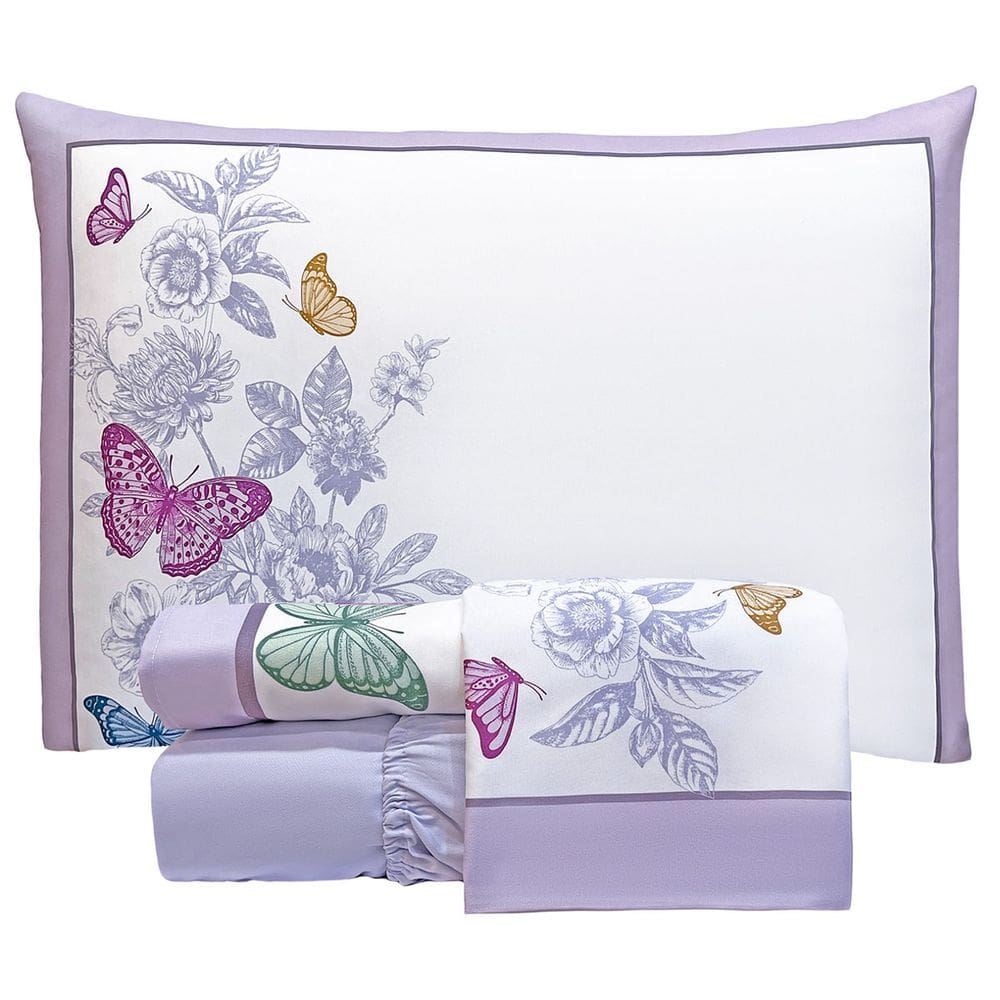 Jogo Cama Lençol Santorini Queen Estampapd Percal 300 Fios 4 Peças Borboletas Lilás