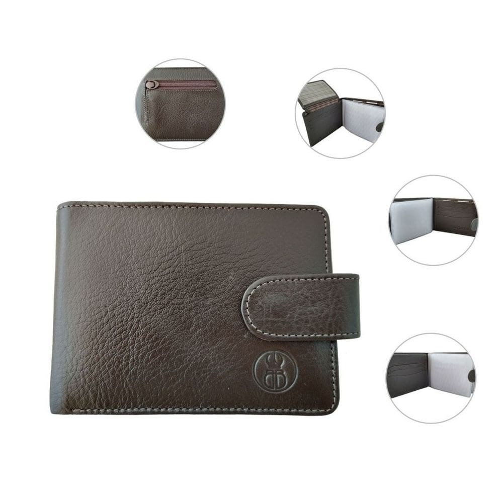 Carteira Masculina de Couro Café com Fecho e Porta Moedas