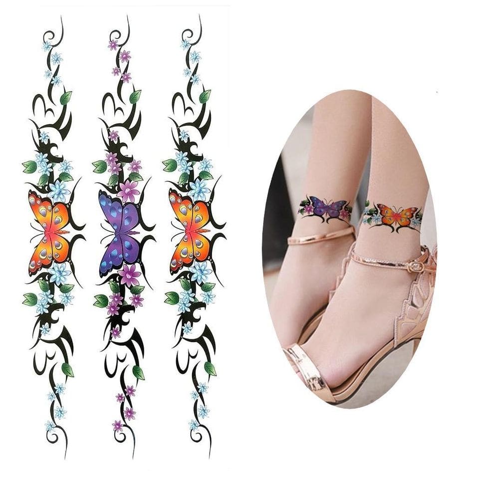 Tatuagem Temporária Flores Borboletas 3 Faixas 19 Cm