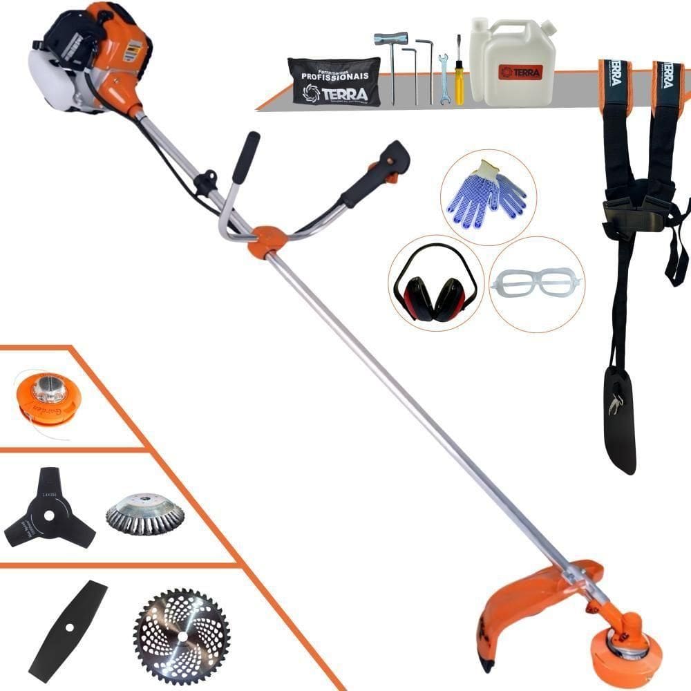Roçadeira Profissional Lateral Terra Gr520xp À Gasolina 52cc 2t 2,5hp + Faca 2 Pontas 330mm + Faca 3 Pontas 255mm + Esc