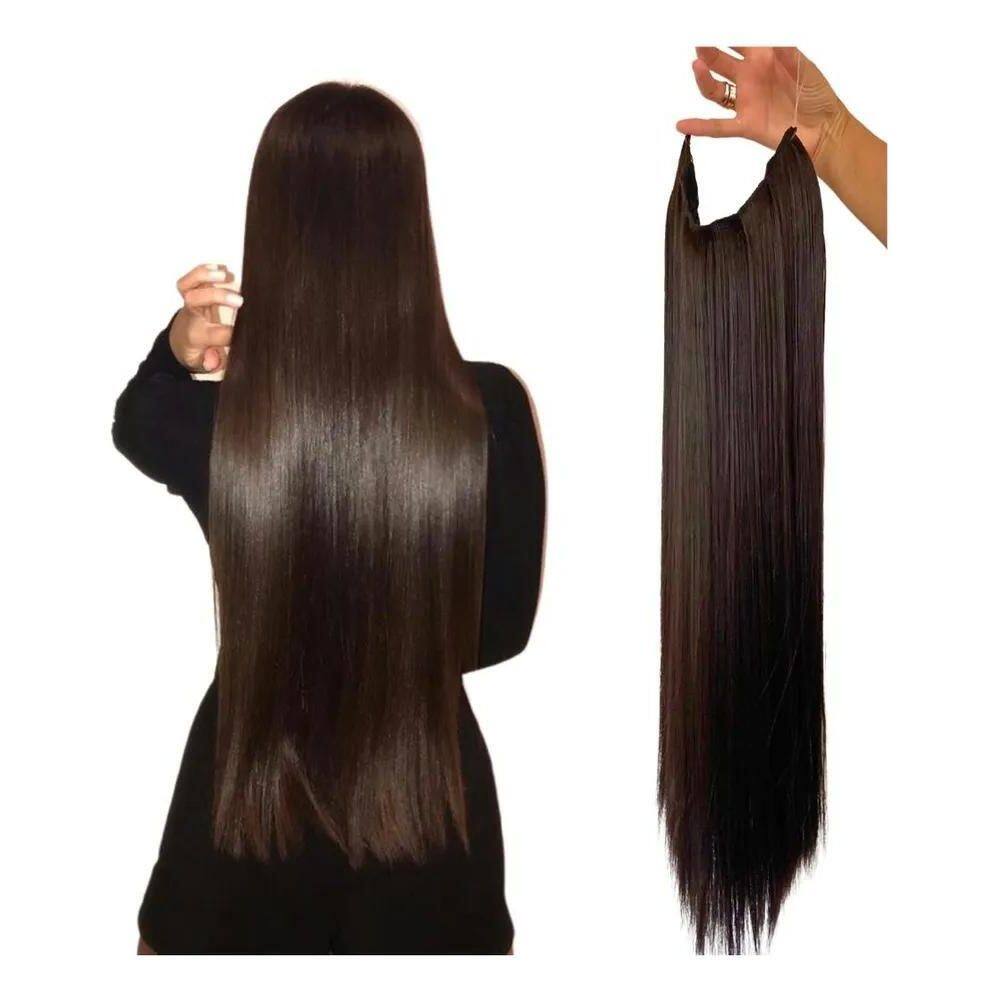 2X Aplique Bio Humano Fio Invisível Preto 70Cm 150Gr Até 200