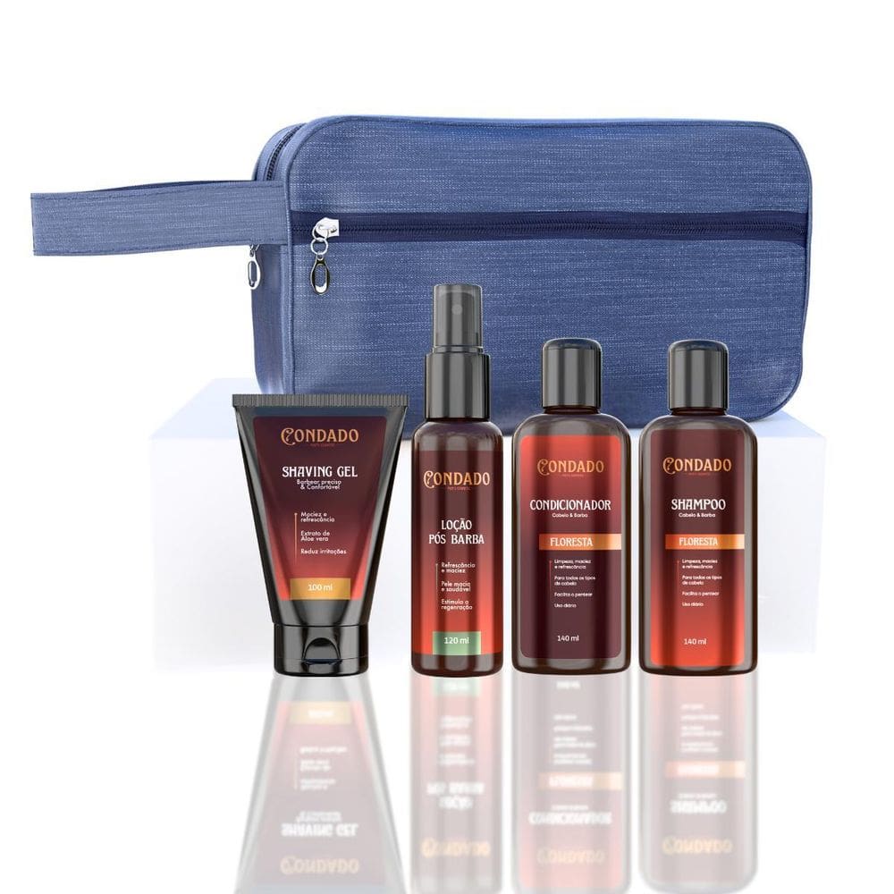 Kit Barbear Shampoo Gel Loção Necessaire Azul Floresta