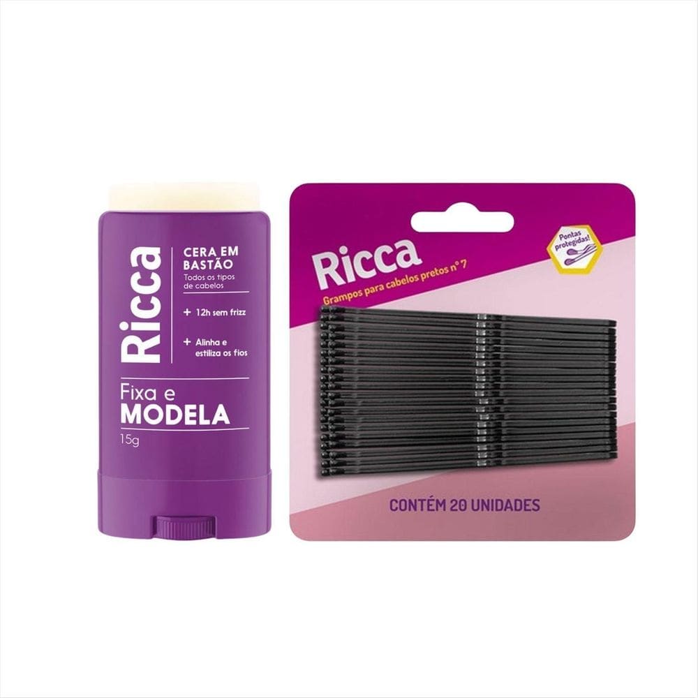 Kit Ricca Cera Fixadora Em Bastão + Grampo Cabelo Preto 20Un