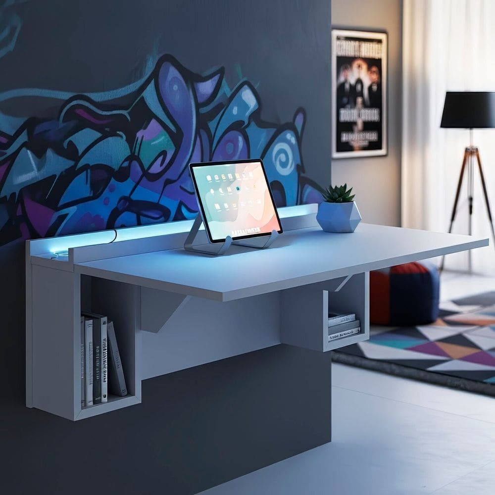 Escrivaninha Mesa Dobrável com Nichos com Led Neon Branco