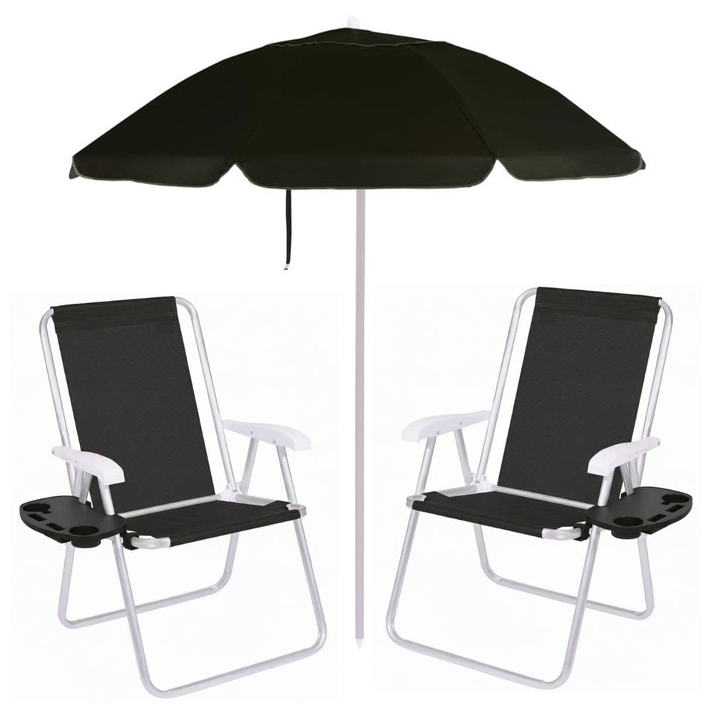 Kit Praia 2 Cadeiras Alta Mesa Portatil + Guarda Sol Premium 2m Bagum Alumínio Preto - Mor
