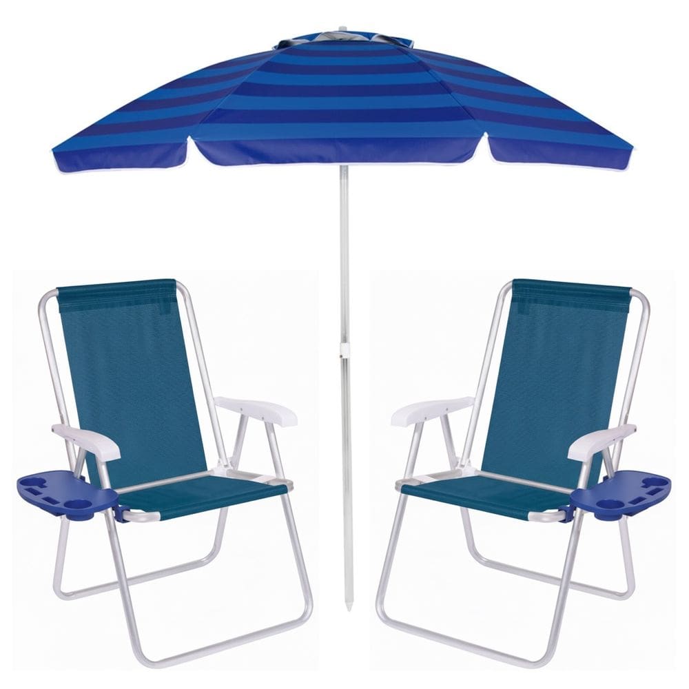 Kit Praia 2 Cadeiras Alta Mesa Portátil + Guarda Sol Premium 2m Bagum Alumínio Azul - Mor
