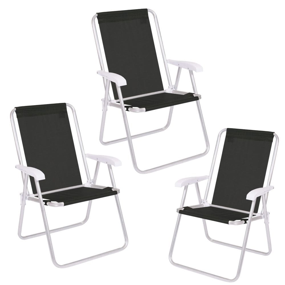 Kit 3 Cadeira Conforto Encosto Alto Alumínio Sannet Praia Piscina Preta - 2181 Mor