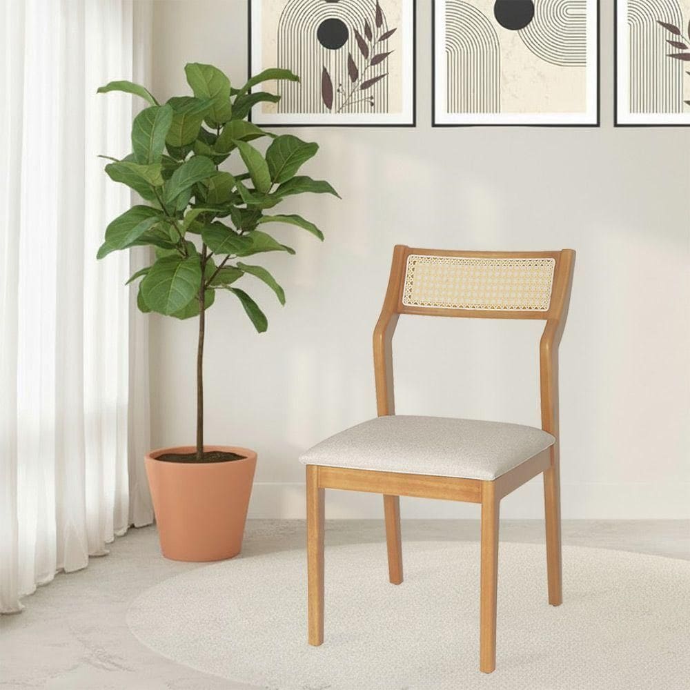 Cadeira De Jantar Lagum Conforto Estofada Jequitibá Natural Linho Bege Palha Sextavada