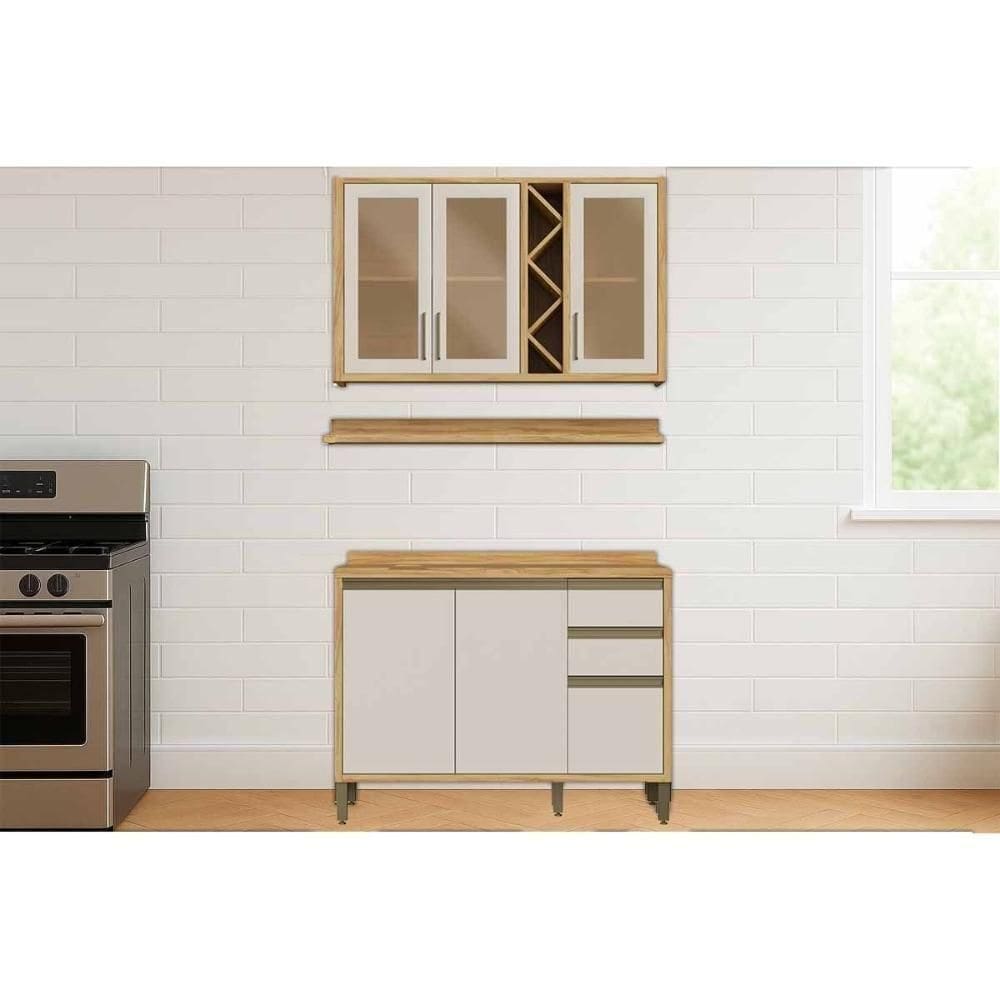 Kit Cozinha Modulada 3 Peças Tempranillo (1aéreo+1balcão+1complemento) C3p44 Amendoa-off White - Ronipa