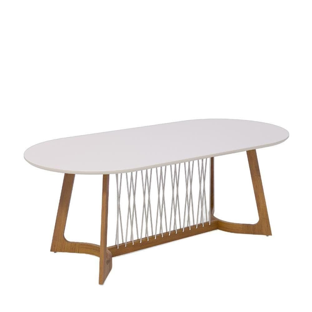Mesa De Jantar Oval Com Tampo De Vidro Tulipa Natuame Cinamomo E Off White 210cm