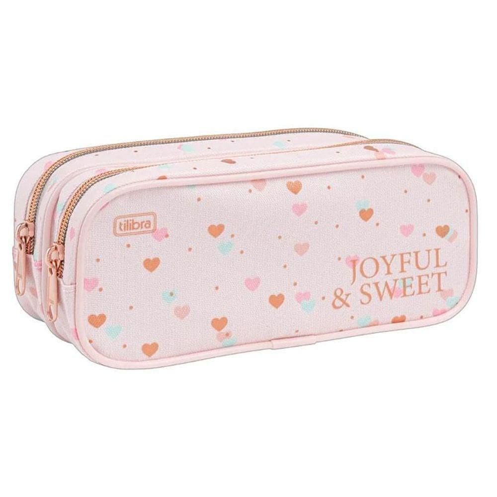 Estojo Escolar Infantil Duplo Académie Coração Metalizado Rosa - Tilibra