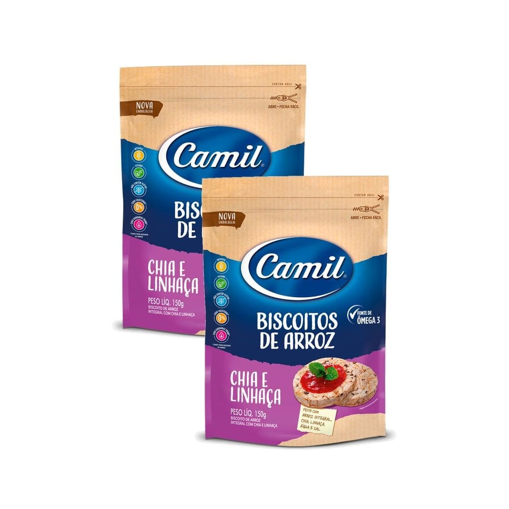 Kit 2 Biscoito de Arroz Integral Camil com Chia e Linhaça 150g