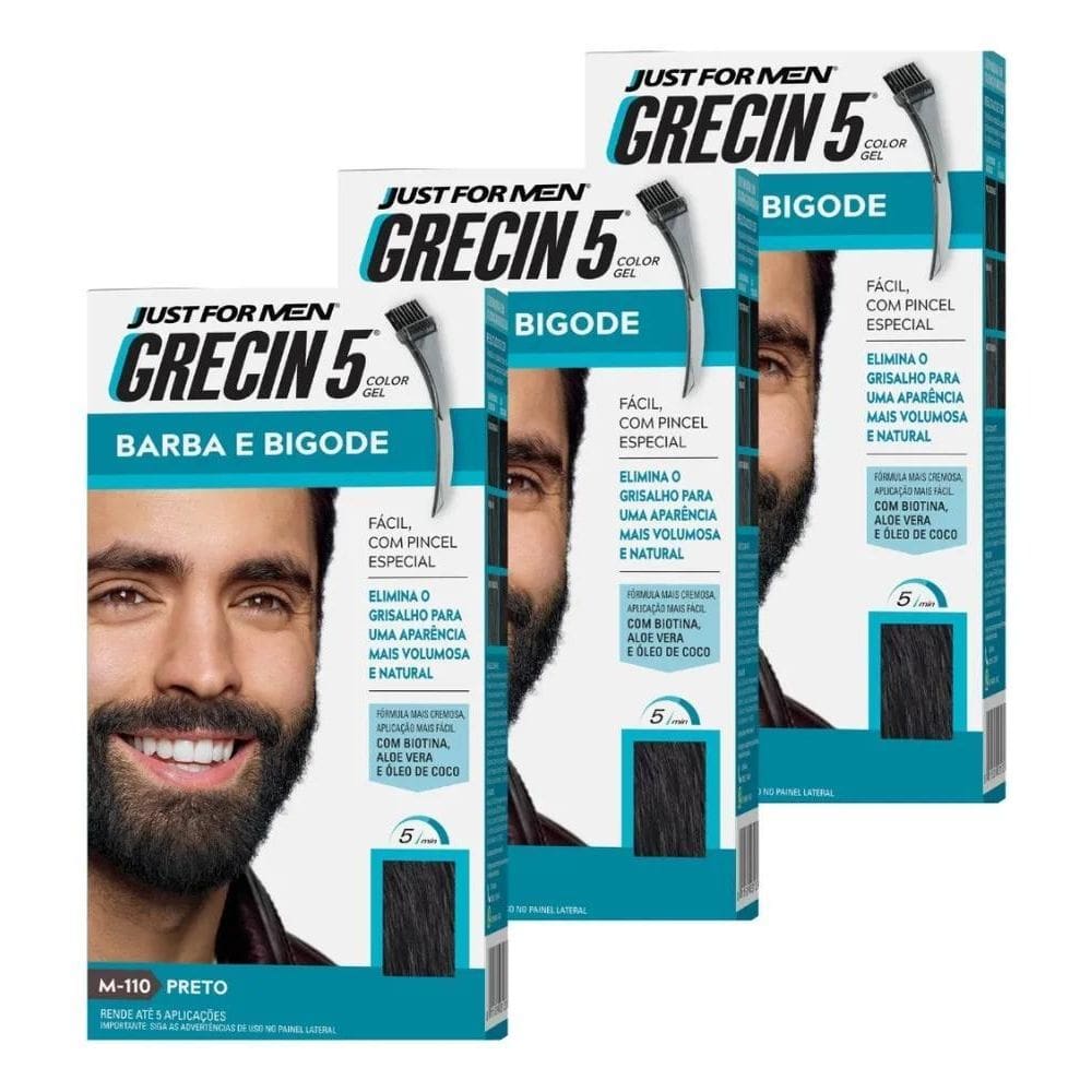 Kit 3X Grecin 5 Gel Tintura Barba E Bigode 28G Preto M-110