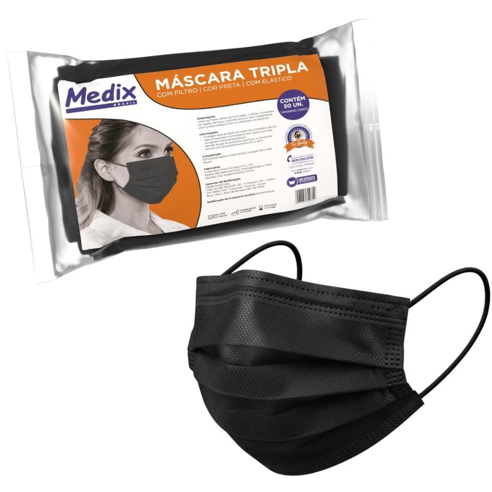 Kit 5 Máscara Descartável Camada Tripla Com Filtro e Elástico Pacote 50 Unidades Medix