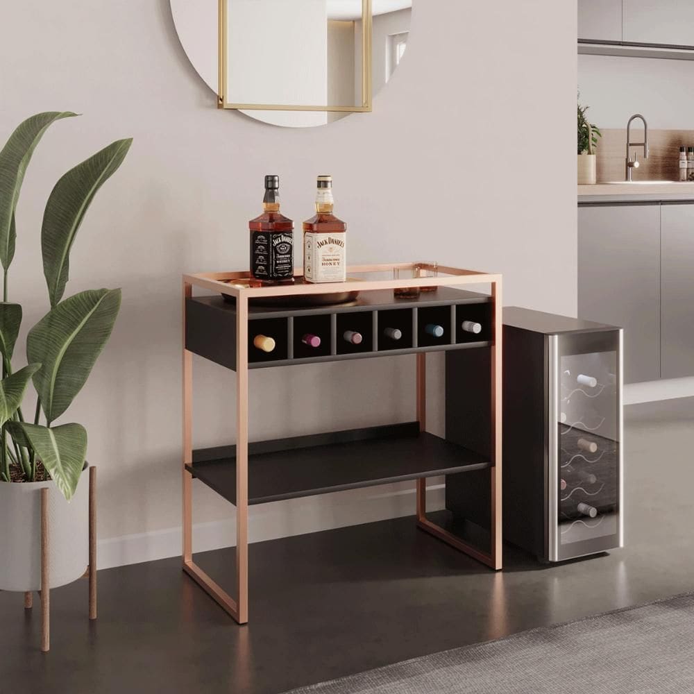 Aparador Adega Bar Preto/Cobre com Prateleira e Nichos para Vinhos - Pleno