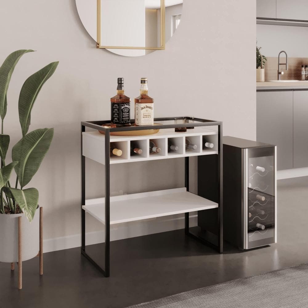 Aparador Adega Bar Branco com Prateleira e Nichos para Vinhos - Pleno