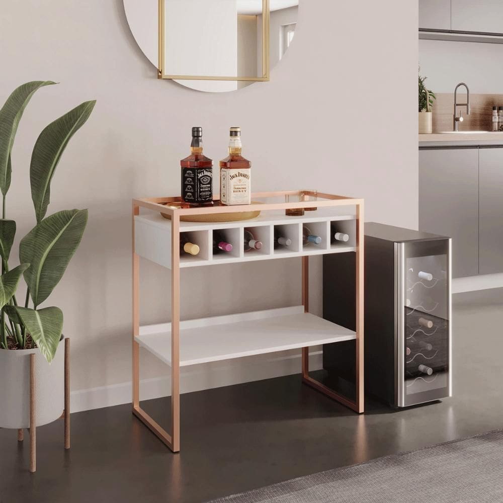 Aparador Adega Bar Branco/Cobre com Prateleira e Nichos para Vinhos - Pleno