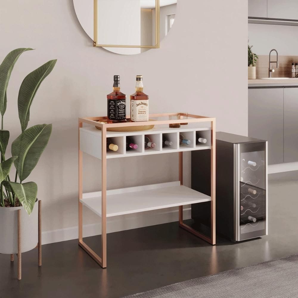 Aparador Adega Barcelona Branco/Cobre com Prateleira e Nichos para Vinhos - Pleno