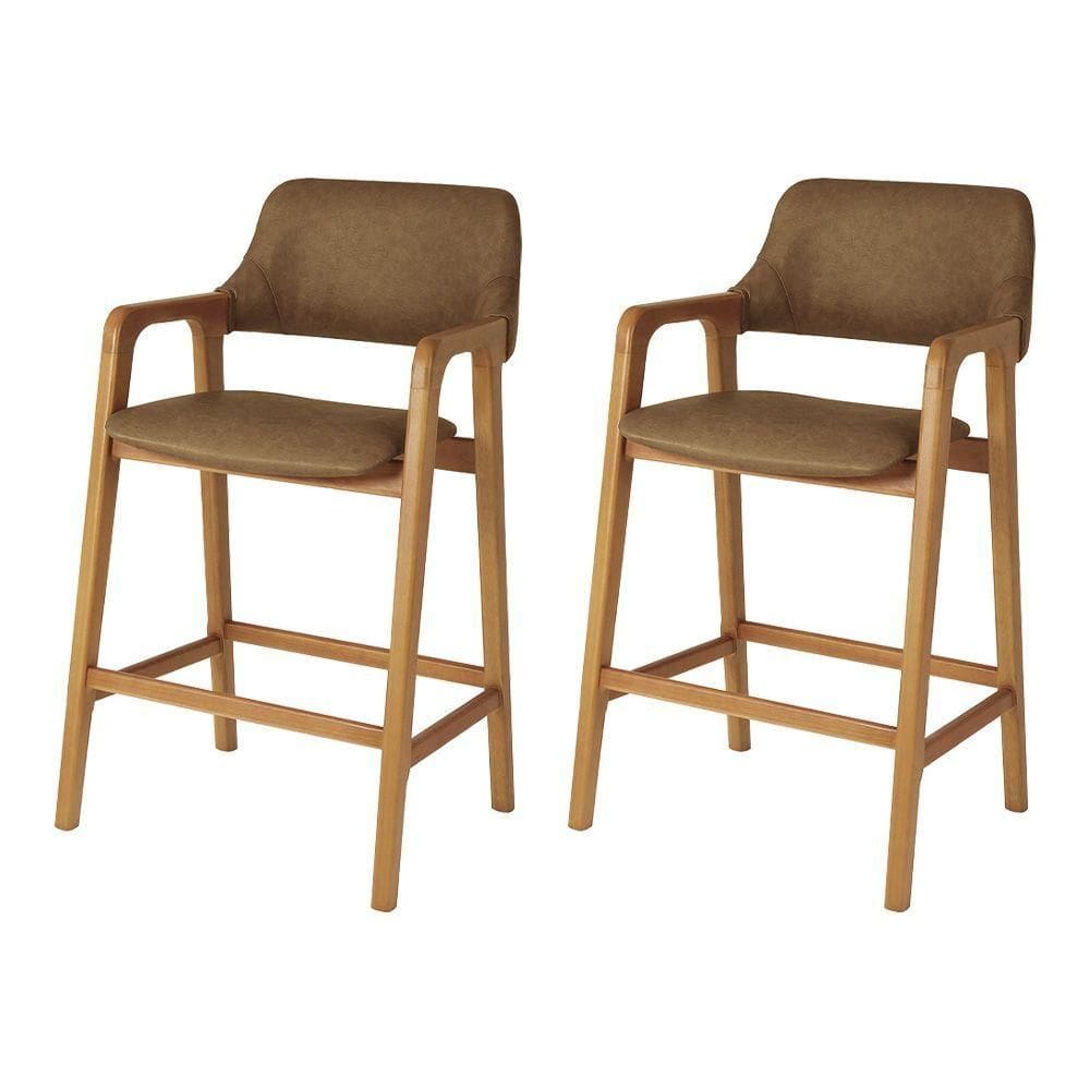 Conjunto 2 Banquetas Ruth Jequitibá Natural Madeira Maciça Estrutura Premium Corino Caramelo