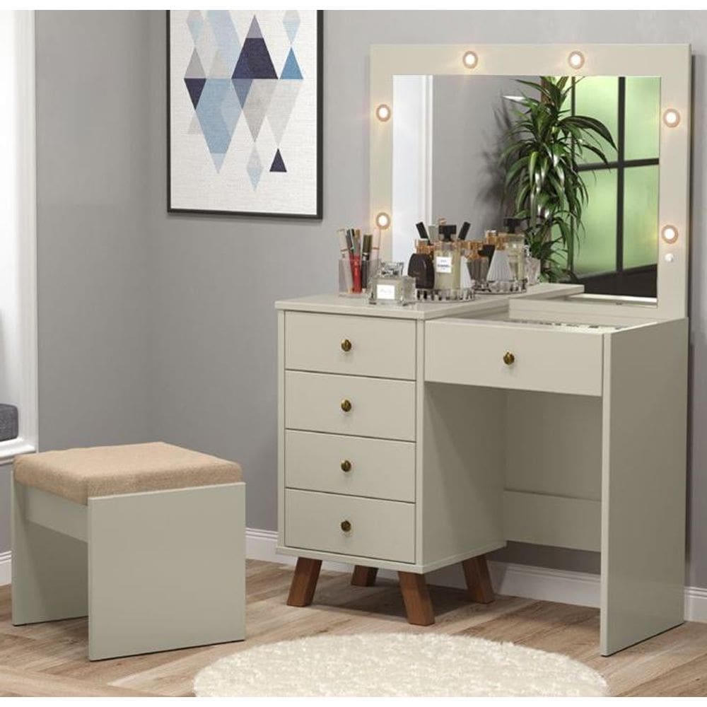 Penteadeira Camarim 05 Gavetas Off White com Banqueta - Patrimar