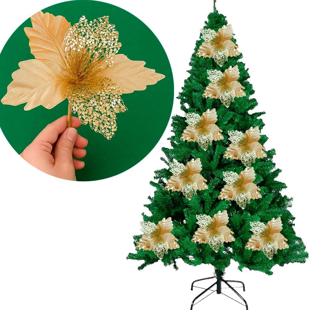 Flores Galho Ramo Enfeite Árvore Natal Dourado 18cm Kit 4pç