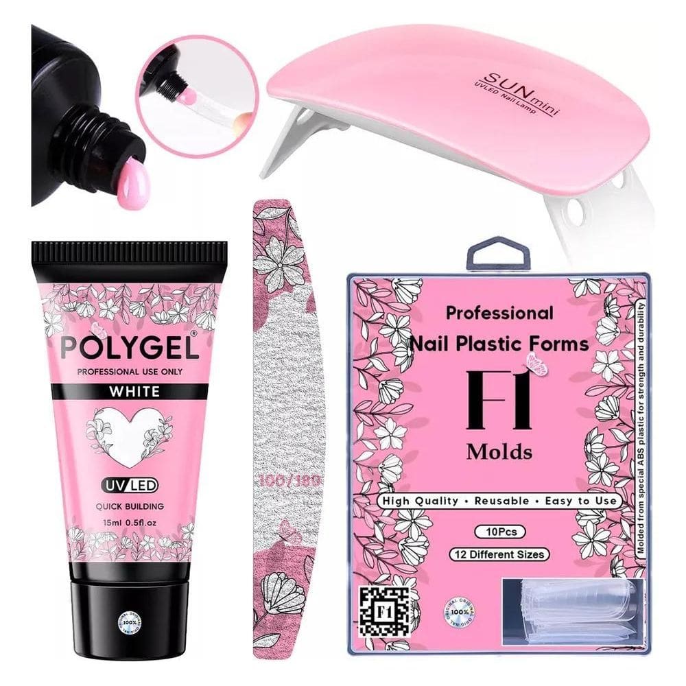 Kit Alongamento Polygel + Molde F1 + Lixa + Cabine Sun Mini
