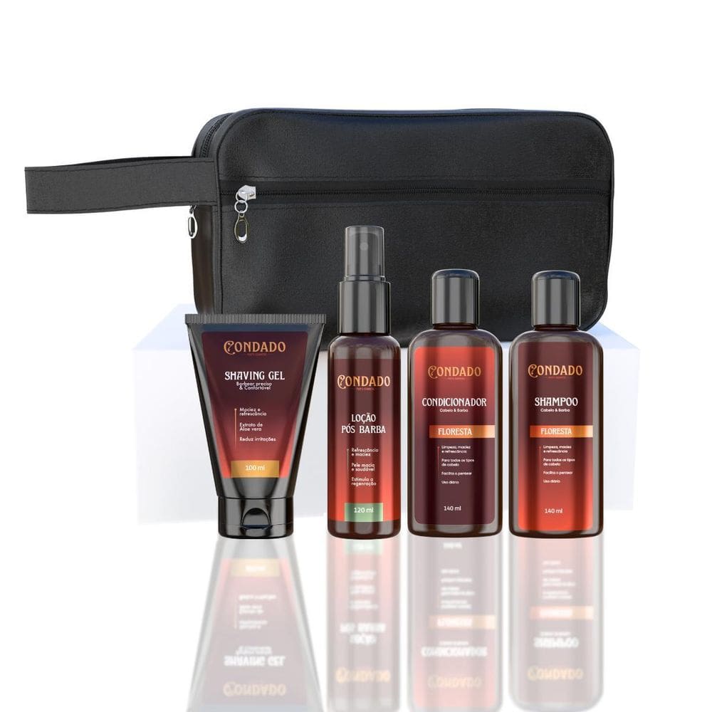 Kit Barbear Floresta Shampoo Gel Loção Necessaire Preta