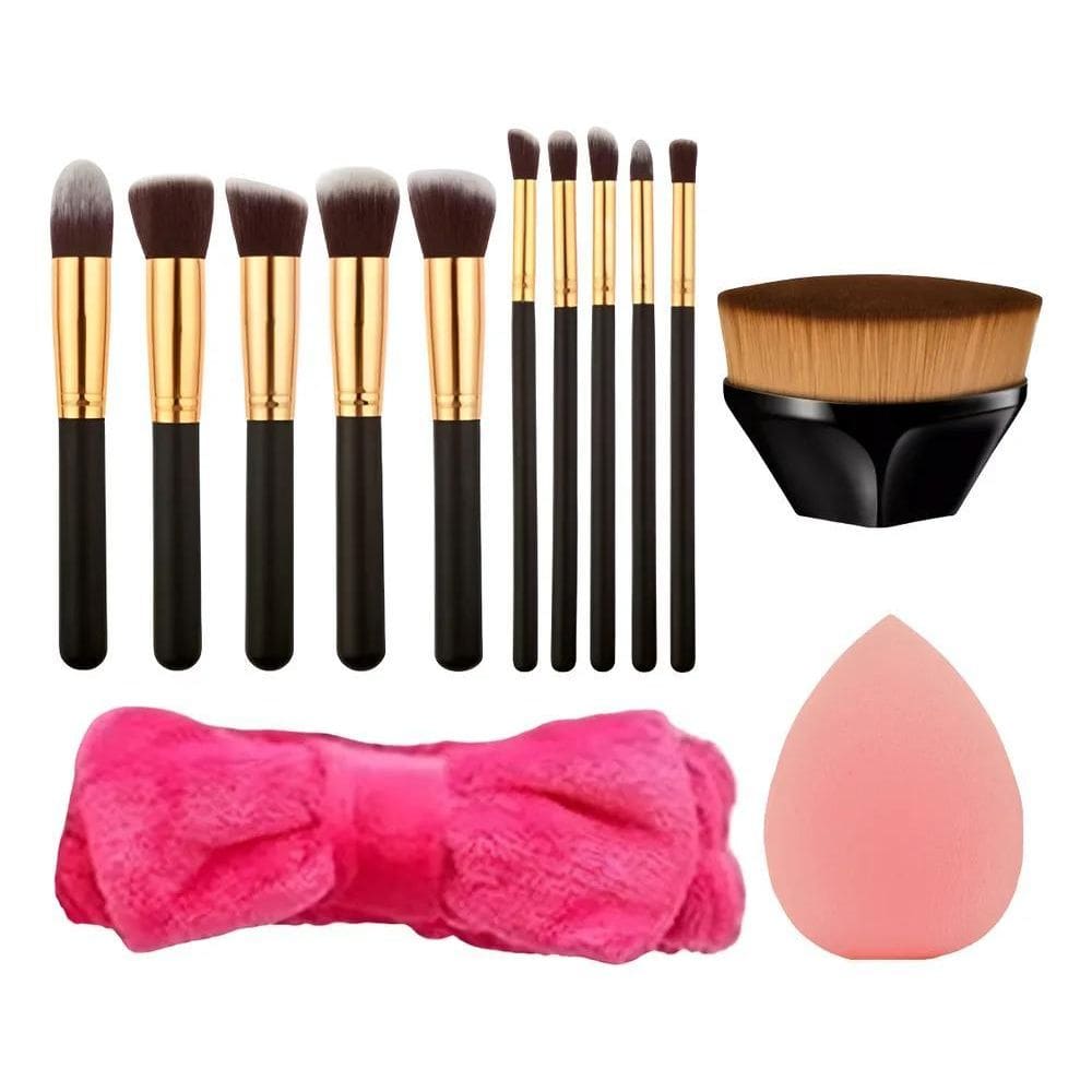 2X Kit 11 Pincéis Maquiagem Kabuki Esponjinha Faixa Make-Up