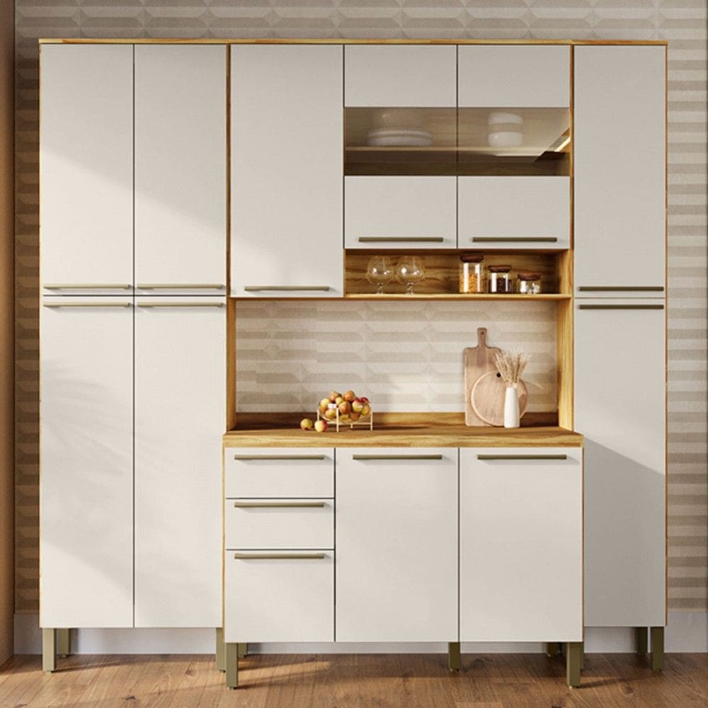 Armário de Cozinha com Balcão e Tampo 12 Portas 2 Gavetas Xangai 100% Mdf Vidro Reflecta Amêndoa/Off White - Pnr Móveis