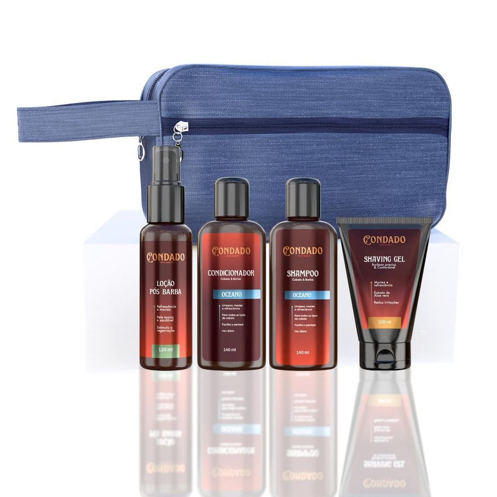Kit Oceano Barbear Gel Shampoo Necessaire Azul Masculino