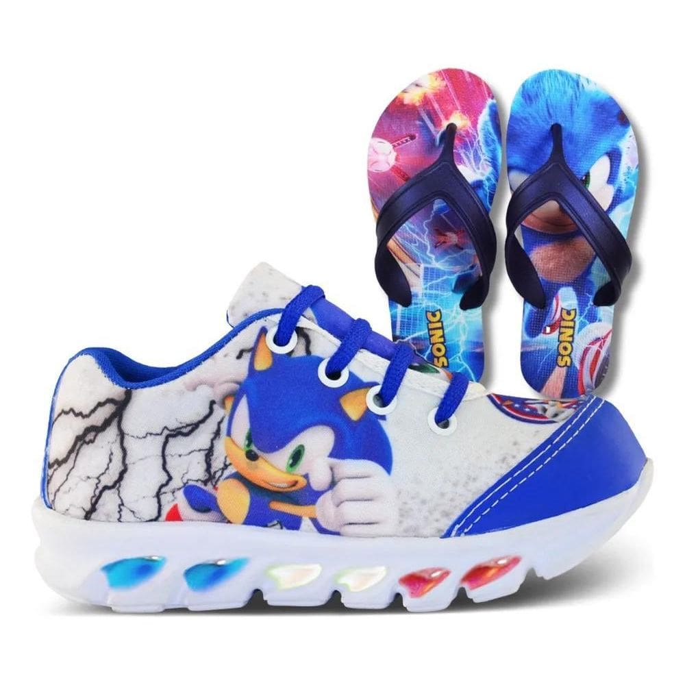 2X Tênis Infantil Led Sonic Personagem Leve + Chinelo