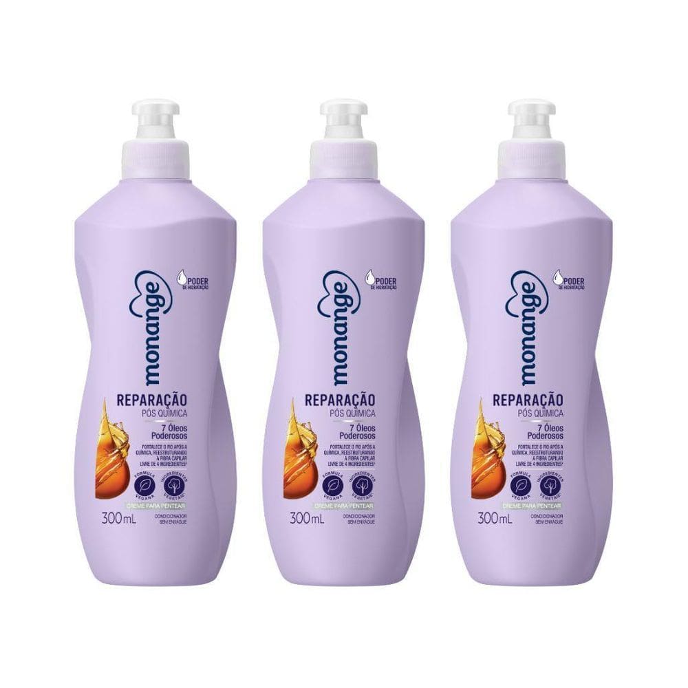 Creme Para Pentear Monange 300Ml Reparação Pós Química - 3Un