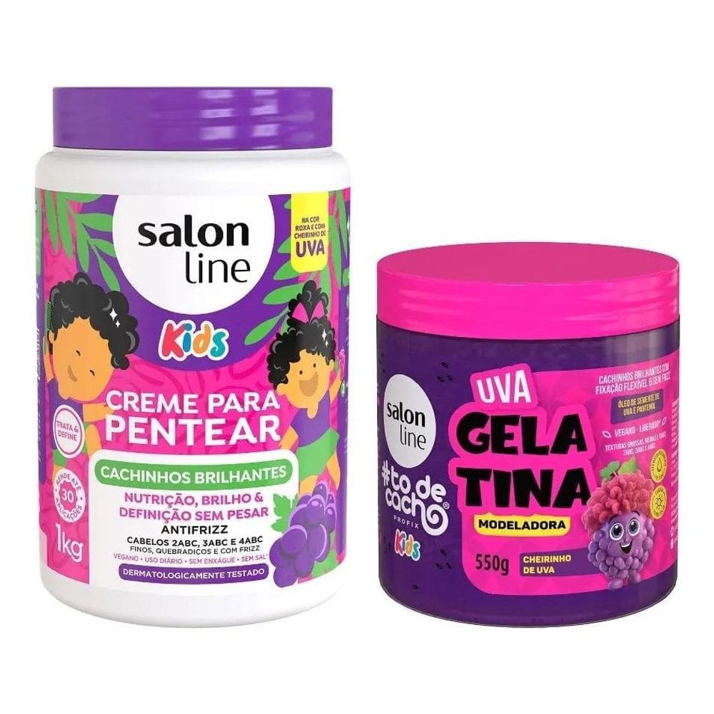 2X Kit Creme Para Pentear E Gelatina Uva Kids, Salon Line