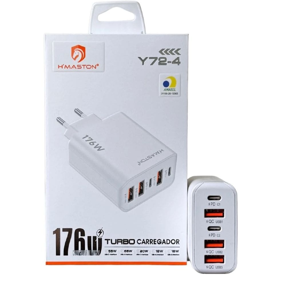 Kit Carregador Turbo 176W com 5 Portas 2 USB-C + 3 USB-A + Cabo Tpo USB-C Para Tipo-C De Alta Velocidade