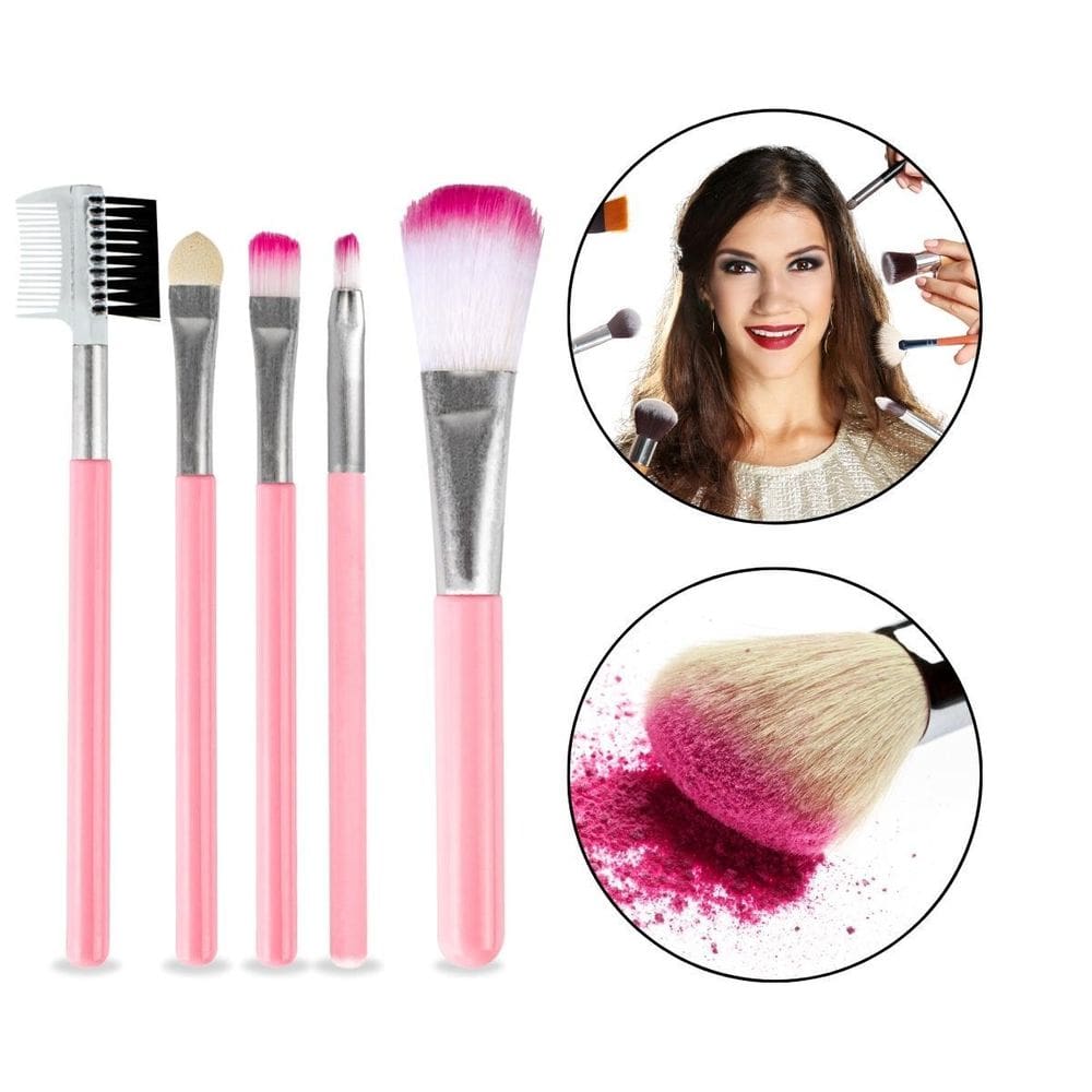Kit 5 Pincéis Maquiagem Rosa Rosto Make-Up Pó Sombra Batom