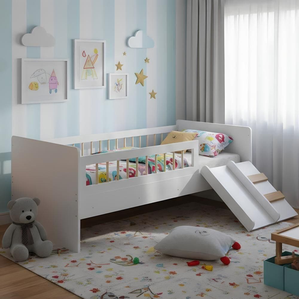 Cama Com Colchão Montessoriana Infantil Solteiro Escorrega - Branco