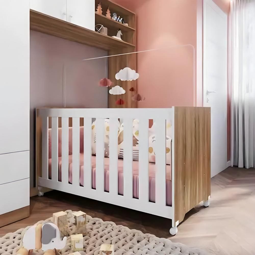 Berço Em Mdf Com Rodízios E Mosquiteiro Nogal Branco E Oak