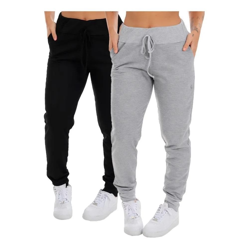 2X Kit 2 Calça Moletom Slim Jogger Com Bolso Feminino Adulto