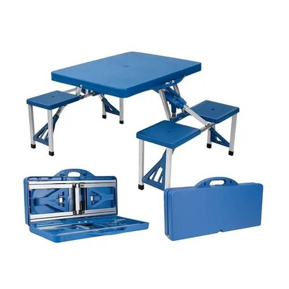 Mesa Azul Dobrável De Alumínio Com 4 Banquinhos Para Camping