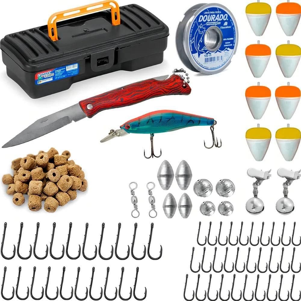 2X Kit Pesca Completo Anzol Boia Chumbada Sino Girador Isca