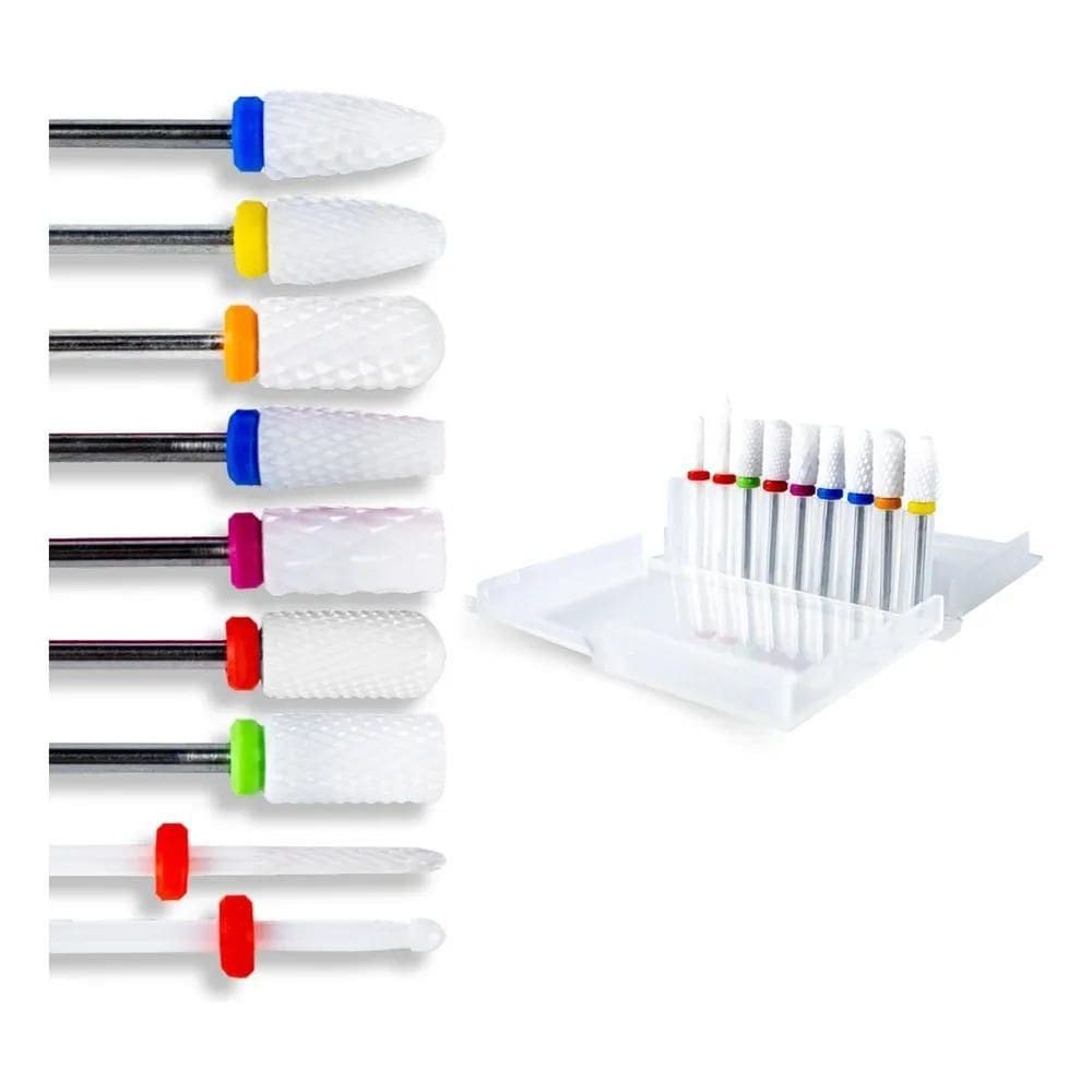 2X Kit 9 Brocas Cerâmica + Caixa Suporte Unhas Gel Fibra Vid