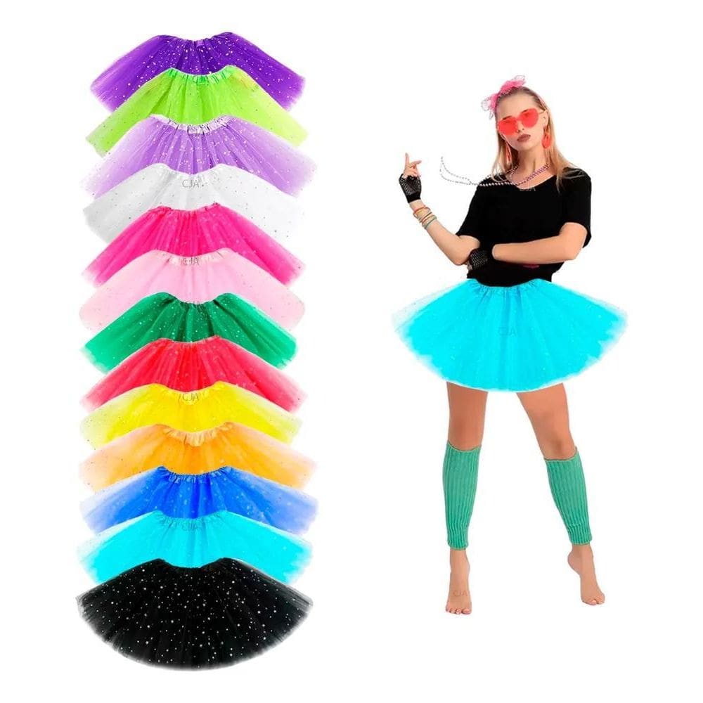 2X Saia Tule Adulto Colorida C/Brilho Festa Carnaval 40 Cm T