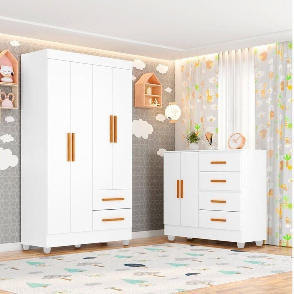 Quarto Bebê Infantil com Guarda-roupa 4 Portas e 2 Gavetas com Cômoda 4 Gavetas e 2 Portas Lite Branco