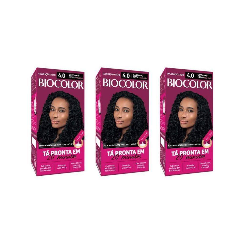 Coloraçao Biocolor Creme 4.0 Castanho Médio - Kit Com 3Un